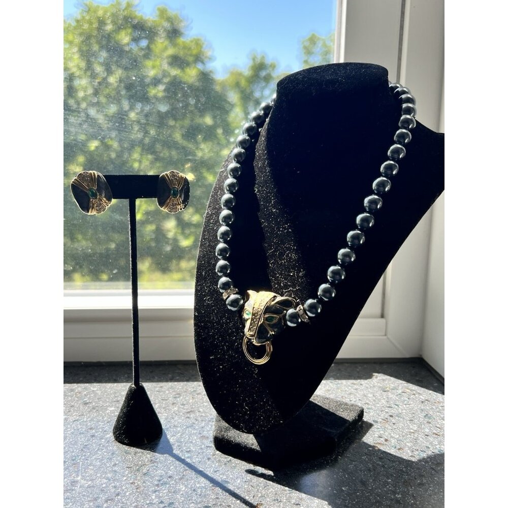 Vintage KJL Avon Grey Beaded Enamel Panther Necklace & Earrings Set PERFECT